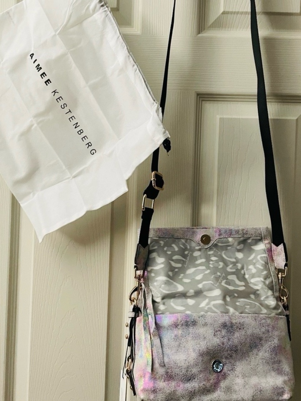 Aimee Kestenberg Iridescent Silver Crossbody with Leopard-Print Lining - Picture 3 of 9